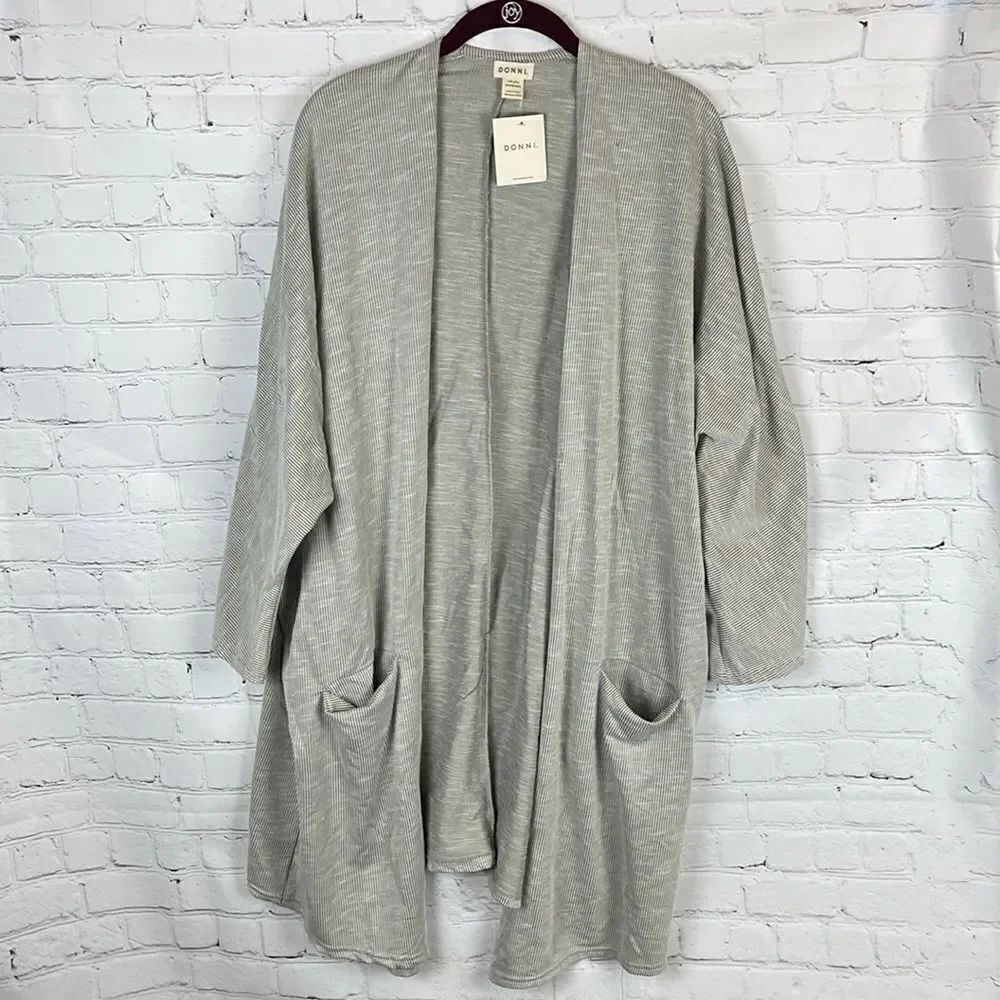 Donni. Women's Plus One/size Open, Gray Striped Long Sleeve Cardigan NWT